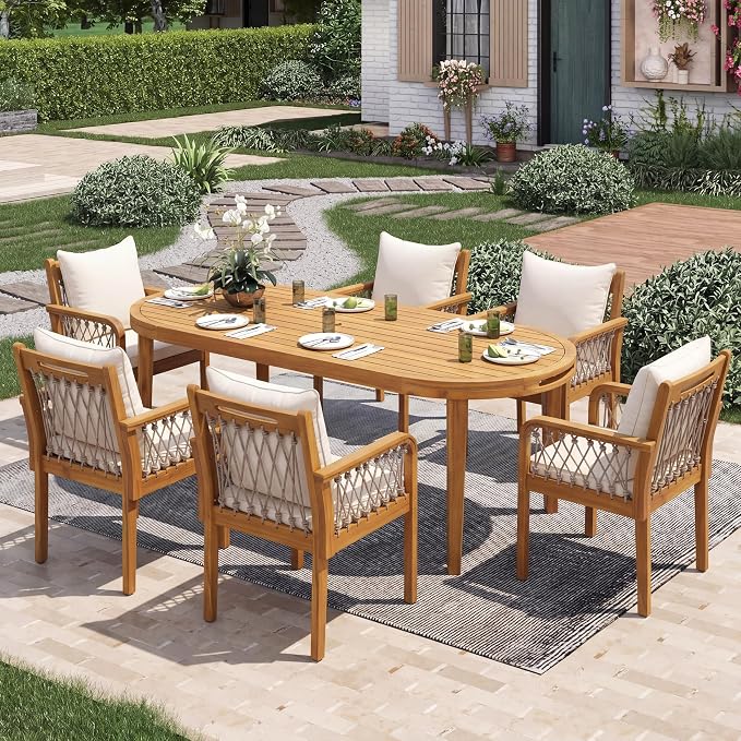 Christopher Knight Home Domac Acacia Wood Dining Table Set for 6, Solid Wood Outdoor Dining Set for 6, Oval Patio Dining Table and Chair Set with Cushion & Rope Accent, Cream Beige + Oatmeal + Teak