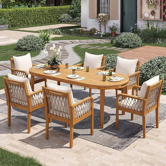 Christopher Knight Home Domac Acacia Wood Dining Table Set for 6, Solid Wood Outdoor Dining Set for 6, Oval Patio Dining Table and Chair Set with Cushion & Rope Accent, Cream Beige + Oatmeal + Teak