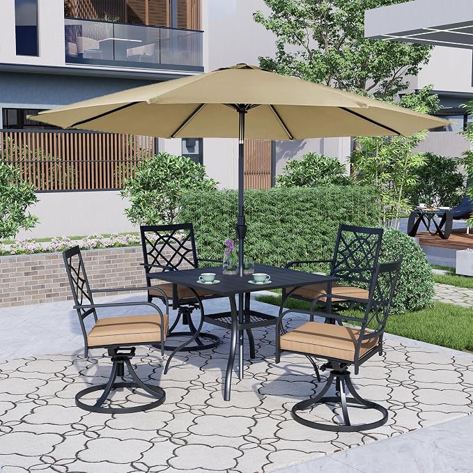 Crownland 5 Piece Patio Dining Set, 4 Swivel Metal Chairs and Square Outdoor Dining Table with Khaki 9FT Round Outdoor Umbrella (Metal Tabletop)