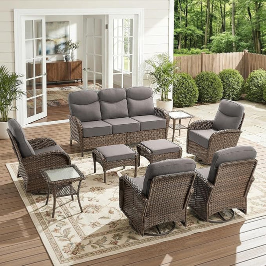 9-Piece Patio Furniture Set with Upgraded 6" Thick Cushion - High Back Outdoor Swivel Rocker Chairs Set of 2 with 3-Seater Sofa,Ottomans,Wicker Outdoor Conversation Set for Deck, Porch, Yard, Poolside