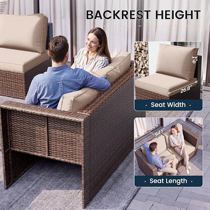 Amopatio Patio Furniture Set, Space-Saving Nestable All-Weather Wicker Outdoor Conversation Set with Glass Coffee Table, Cushions & Ottomans for Deck Backyard Porch Lawn Khaki