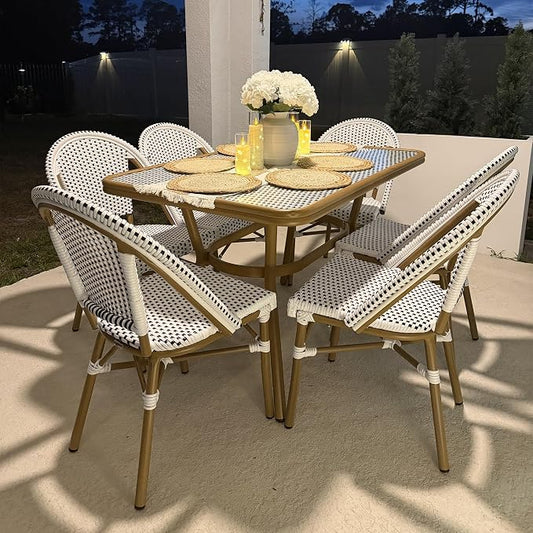 PURPLE LEAF 7-Piece French Bistro Dining Set Rectangle Outdoor Patio Table and 6 Armless Chairs Tempered Glass Top PE Rattan Bamboo Print Finish Aluminum Frame White