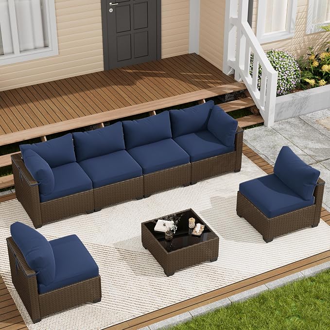LOUVIXA 7 Piece Outdoor Patio Furniture Set, Outdoor Sectional Sofa, Wicker Rattan Patio Furniture, Patio Conversation Set with Coffee Table & Cushions