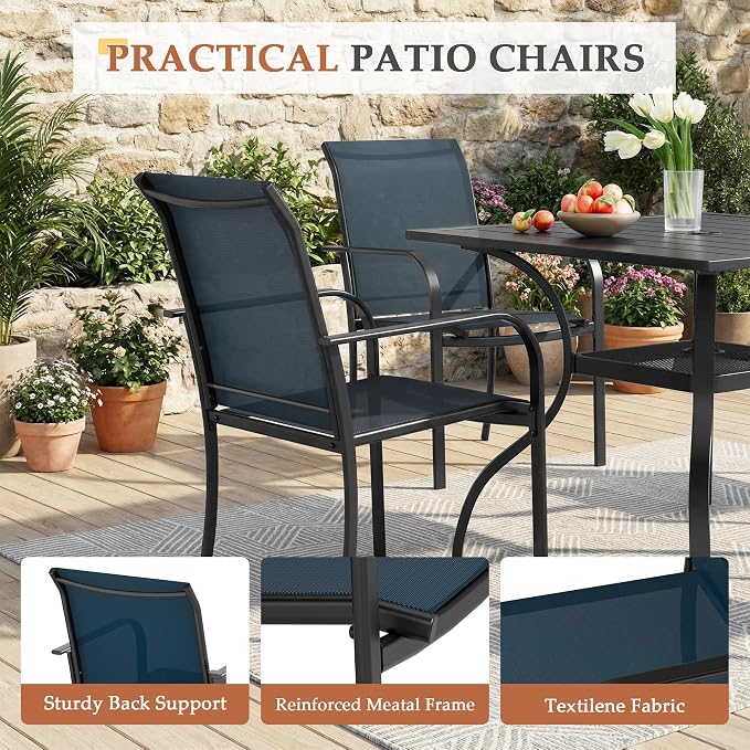 Crownland 5 Piece Patio Dining Set, Outdoor Textilene Dining Sets, 4 Textilene Metal Chairs and Square Outdoor Dining Table with 1.57" Umbrella Hole (Blue)