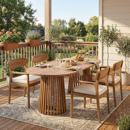 Christopher Knight Home Zoa Acacia Wood Dining Set for 4, Outdoor Dining Table with Dual Slatted Pedestal Bases, Outdoor Dining Chairs with Cushions, 5 Piece Patio Dinner Set, Beige/Teak