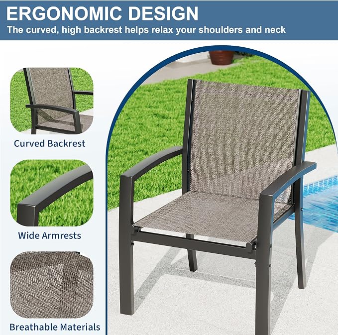 Garvee 4 Piece Patio Bistro Furniture Set, Outdoor Conversation Set with 3 Chairs, Loveseat & Glass Coffee Table, All-Weather Textilene Fabric & Steel Frame for Backyard, Poolside, Porch, Lawn - Brown
