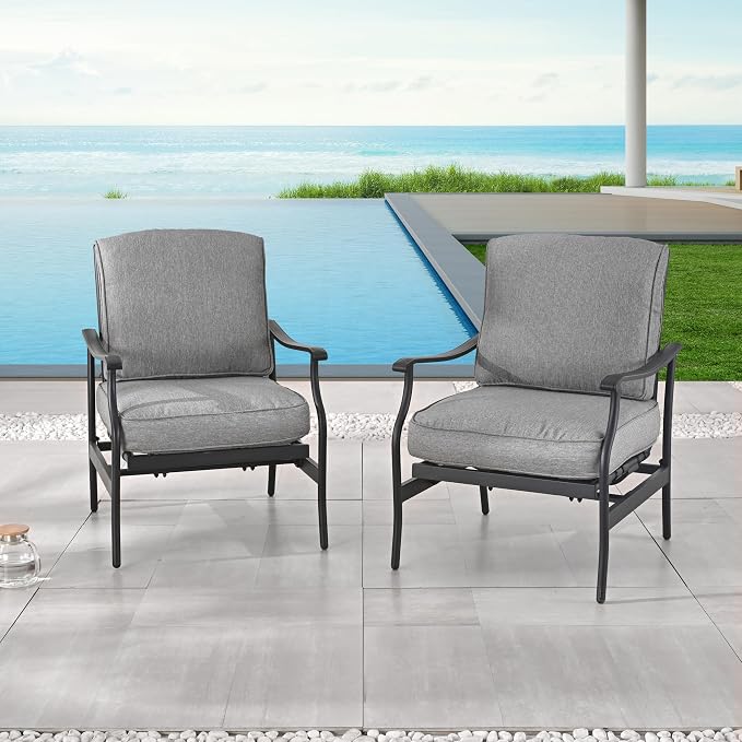 LOKATSE Home C-Spring Patio Chairs Set of 2, Outdoor Metal Motion Conversation Chairs with Gentle Bounce, 5.1" Extra Thick Blue Cushions Deep Seating Furniture for Deck & Porch
