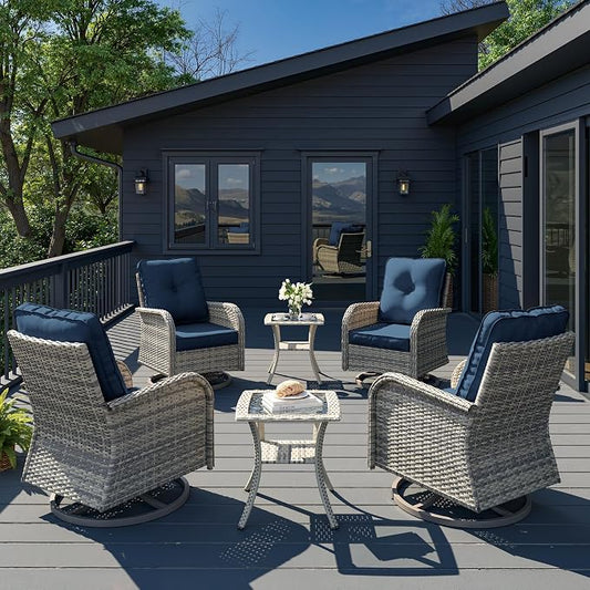6-Piece Patio Rocking Swivel Chair Outdoor Wicker Rattan Bistro Set with Tempered Glass Side Table, Outdoor Patio Furniture Set for Garden, Deck, and Balcony, Blue