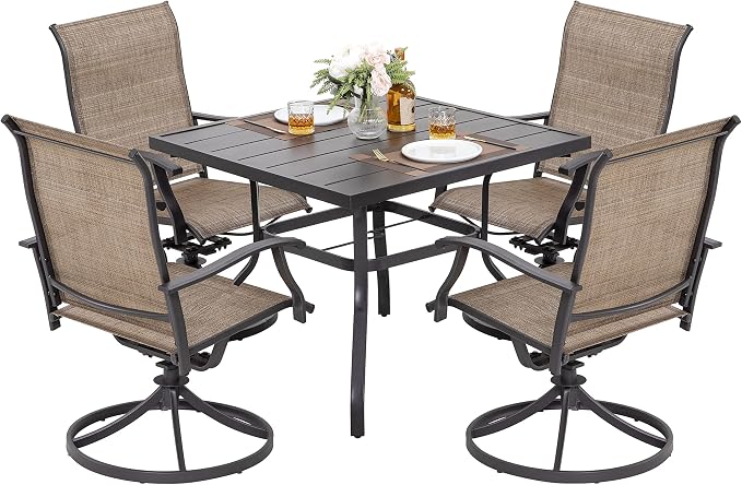 NUU GARDEN Outdoor Patio Dining Set, 4 Swivel Textilene Dining Chairs and 37" Square Dining Table with 1.57'' Umbrella Hole, Powder Coated Iron Frame, for Patio, Garden, Backyard, Black and Brown