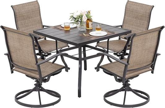 NUU GARDEN Outdoor Patio Dining Set, 4 Swivel Textilene Dining Chairs and 37" Square Dining Table with 1.57'' Umbrella Hole, Powder Coated Iron Frame, for Patio, Garden, Backyard, Black and Brown