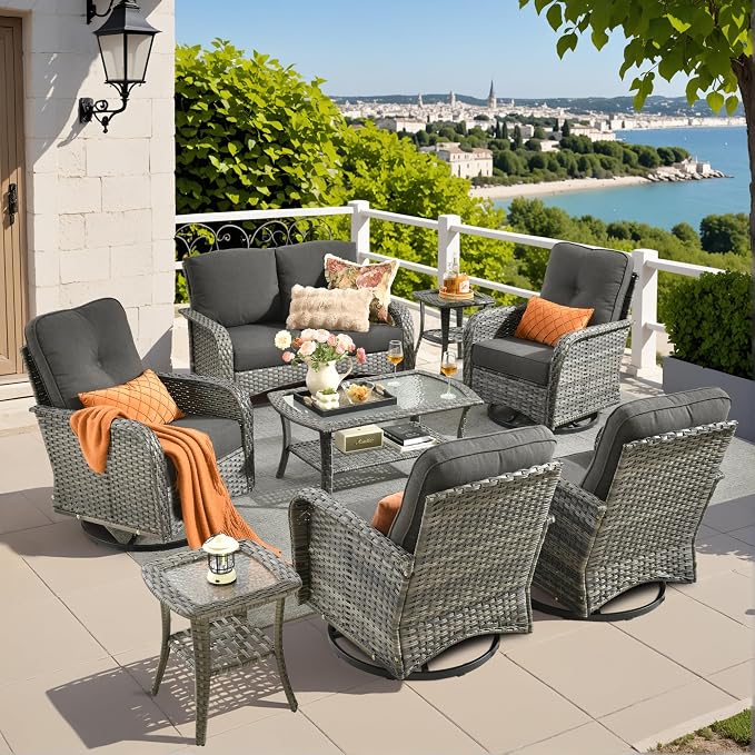 8 Piece Wicker Patio Furniture Set with Swivel Chairs, Black | 4 Swivel Rocker Chairs, High Back Loveseat Sofa, Coffee Table, Rattan Outdoor Conversation Set, Porch Deck Backyard Poolside
