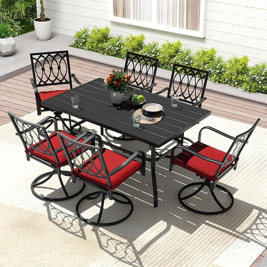 NUU GARDEN Outdoor 7 Piece Patio Dining Set, 6 Swivel Chairs with Red Cushions and 61'' x 37'' Rectangle Table with Umbrella Hole, Outdoor Dining Furniture Set for Garden, Lawn, Balcony, Black