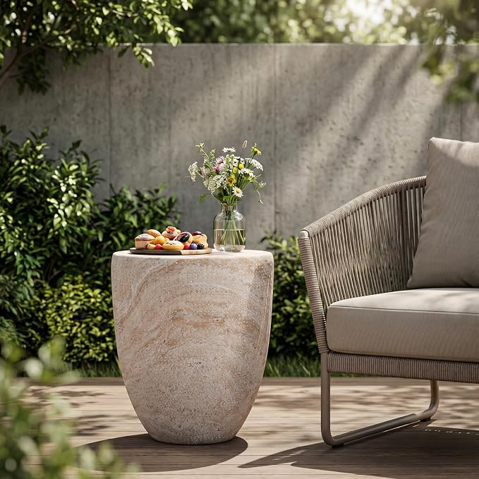 Outdoor Side Table Round Concrete Side Table Faux Marble End Tables Cement Accent Tables Patio Garden Stool Plant Stand for Porch, Backyard Balcony,14.25",Barrel, Beige