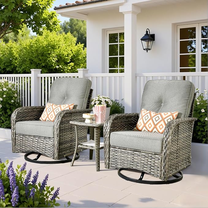 Wicker Rocking Chair Swivel Chairs - 3 Piece Rocker Glider Patio Chairs Set Rattan Rocking Chair for Outdoor Porch Deck Garden Backyard,Dark Grey
