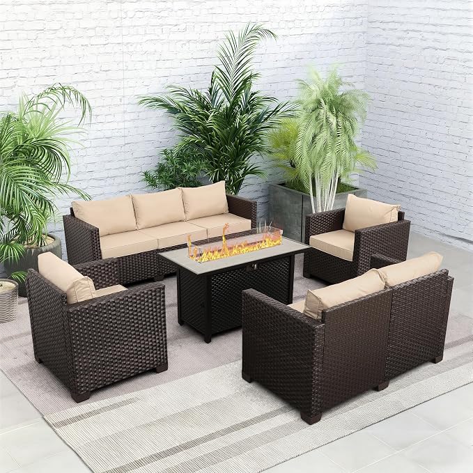 Rattaner 5-Piece Outdoor Patio Furniture 45 in Outdoor Fire Pits Patio Furniture Set 60000 BTU Outdoor Propane Fire Pit No-Slip Cushions Waterproof Covers, Khaki