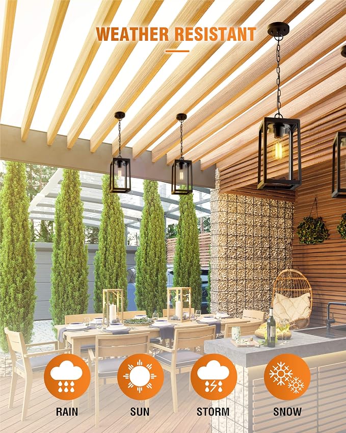 Beionxii Outdoor Pendant Light, Modern Exterior Hanging Porch Lantern | Hardwired 120V, Black Cast Aluminum w/Clear Cylinder Glass (15" x 7.1") for Coastal Pillars, Paths, Porch, A291H-1PK
