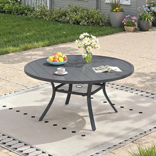 47.2" Patio Dining Table for 6, Round Outdoor Metal Dining Table with Umbrella Hole for Lawn Garden Backyard, Dark Grey