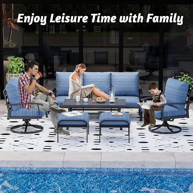 HOMREST Patio Furniture Sets 7 PCS Outdoor Metal Conversation Sets, 360 Degree Swivel Rocking Chairs Patio Conversation Set with Ottomans, Coffee Side Table and 3-Seat Sofa for Garden, Deck, Poolside
