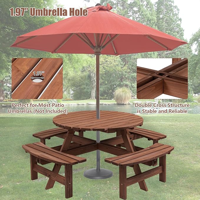 8 Person Outdoor Picnic Table, Round Picnic Table with 4 Built-in Benches, Umbrella Hole, Outside Wood Picnic Table and Bench Set for Patio, Backyard, Garden, Porch, 2220lb Capacity - Brown