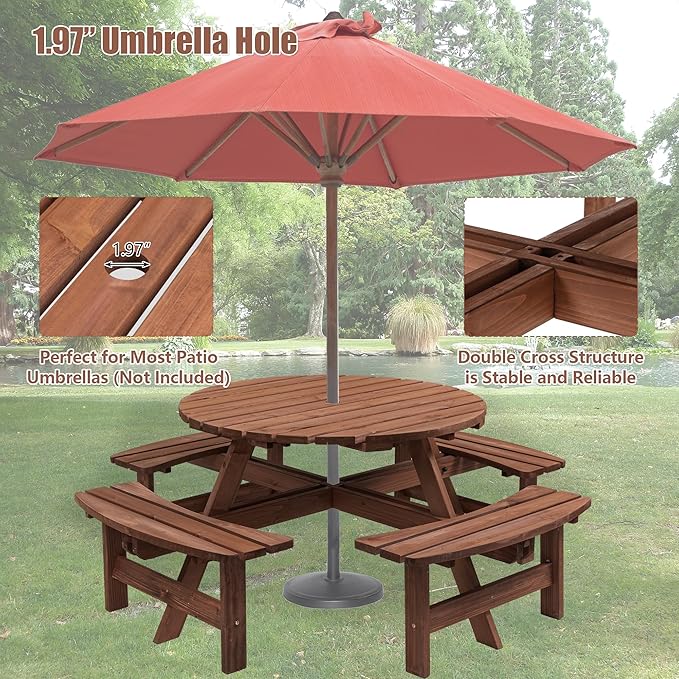 43.3'' Round Outdoor Dining Table Wooden Patio Dining Table & 4 Curved Built-in Bench for 8, 2" Umbrella Hole, Suitable for Backyard Garden Porch, Brown