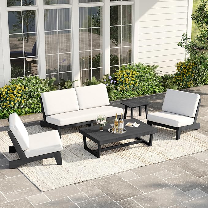 4 Piece Teak Outdoor Patio Frutnire Set, 5 Seater Patio Conversation Sets with Thick Cushions, Outdoor Sectional Furniture with Coffee Table - Beige