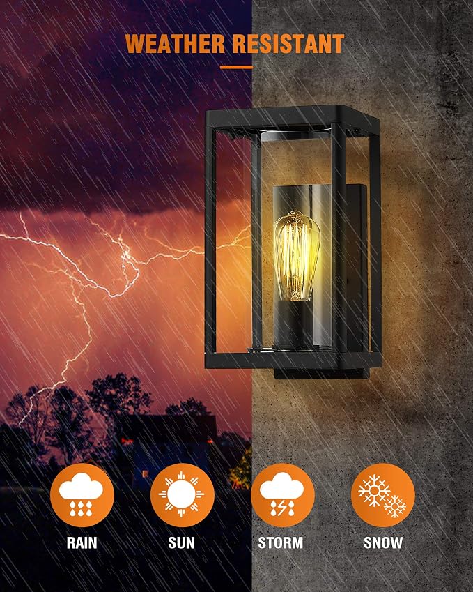 Beionxii Dusk to Dawn Outdoor Wall Sconces, Modern Exterior Porch Light Wall Mount Lantern, Black Cast Aluminum w/Clear Cylinder Glass - A291W-1PK