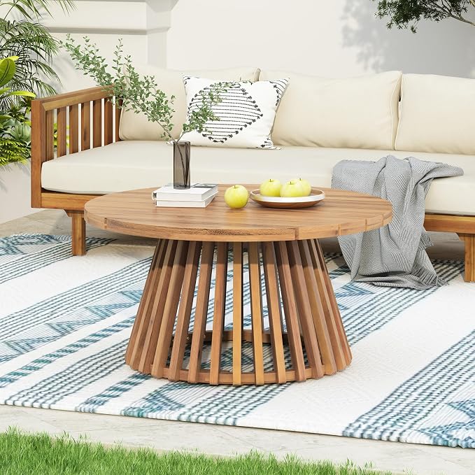 Wood Outdoor Round Coffee Table, Weather-Resistant Patio Table with Striped Base, for Garden, Deck, and Backyard, Light Brown