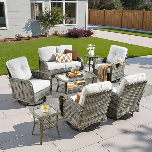 8 Pieces Patio Conversation Sets,Patio Furniture Set with Swivel Rocking Chairs,Coffee Table, Side Table, All Weather Rattan Wicker Outdoor Sectional Furniture Set for Porch Balcony Backyard Gray