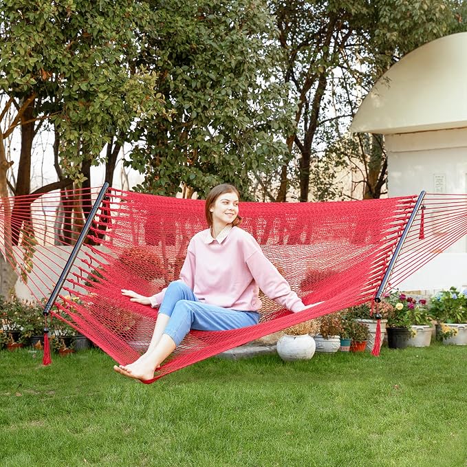 PNAEUT Double Rope Hammocks for Outside, Handwoven Double Caribbean Hammock with Spreader Bar for Outdoor Indoor, Max 600 lbs Capacity (Ruby)