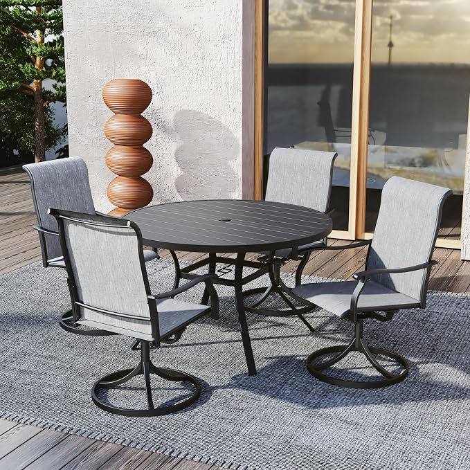 Patio 48" Round Table and Grey High Back Swivel Chairs Outdoor Dining Set 5 | 4 Piece Swivel Chairs: High Back, Retro Armrest, Textilene Fabric, Rocking; 48 inch Metal Round Table, All Weather