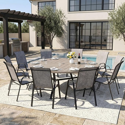 DIFY 11 Piece Outdoor Dining Set, 63" Grey Wood-Like Round Metal Dining Table and Grey Textilene Stackable Patio Chairs, Patio Table and Chairs Set for 10 with Umbrella Hole for Backyard Garden Deck