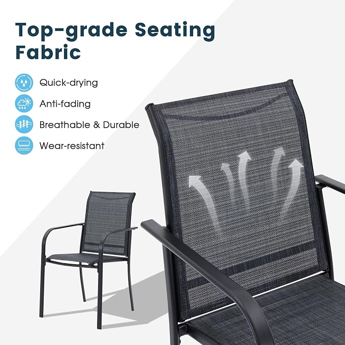 9 Pieces Patio Dining Set, 71" Rectangular Dining Table with Umbrella Hole, 8 Stackable Textilene Fabric Chairs, Metal Structure for Patio, Porch, Garden(Grey Table, Black Chair)