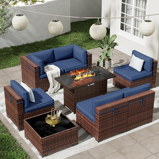 Patio Furniture Set with 44'' Propane Gas Firepit Table, 8 PCS Modular Outdoor Sectional Conversation Sets, All-Weather Wicker Patio Set for Backyard, Navy (Waterproof Covers Included)