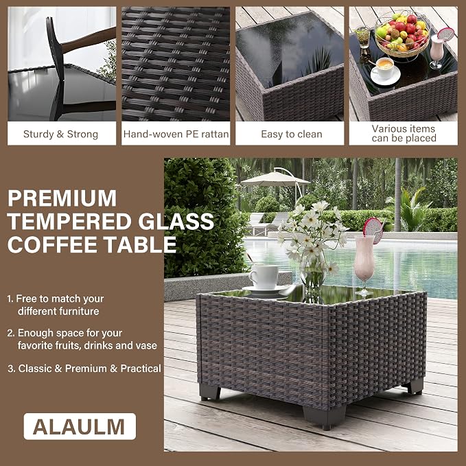 ALAULM Patio Furniture Set with Coffee Table, 7 Pieces Outdoor Sectional with Wide Seat and Thick Cushion, All Weather Wicker Rattan Conversation Set for Backyard, Garden, Deck, NavyBlue