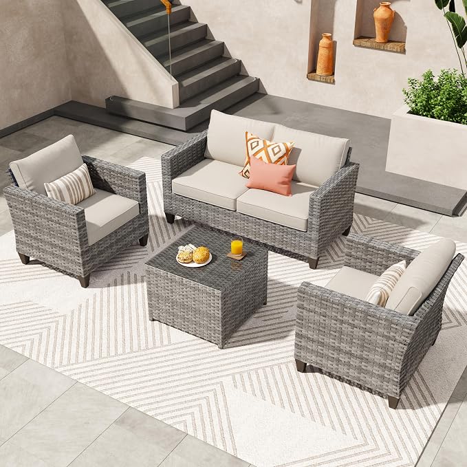 ovios 4 Pieces Patio Furniture Set, Outdoor Wicker Rattan Sofa Couch with Loveseat, Chairs, Glass Coffee Table, Conversation Sets for Yard Porch Garden, Beige