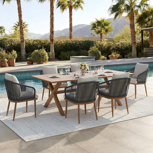 7-Piece Patio Dining Table Sets, Woven Wicker Dining Set with Rectangular Aluminum Table and Dining Chairs Modern Outdoor Dining Furniture Set for Outdoors and Indoors