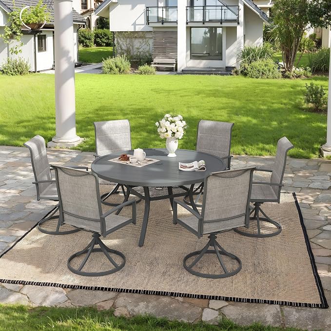 VICLLAX 7 Pieces Outdoor Dining Set, Patio Furniture Set Includes 47" Round Metal Table W/ 1.9" Umbrella Hole and 6 Padded Textilene Swivel Chairs for Porch, Lawn, Garden, Backyard