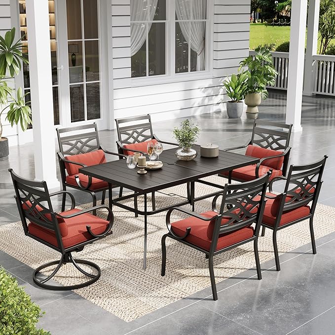 Sophia & William Patio Dining Set, Steel, Red | Umbrella Hole, Swivel Chairs, E-Coated, Cushions Included, For Patio, Garden and Yard