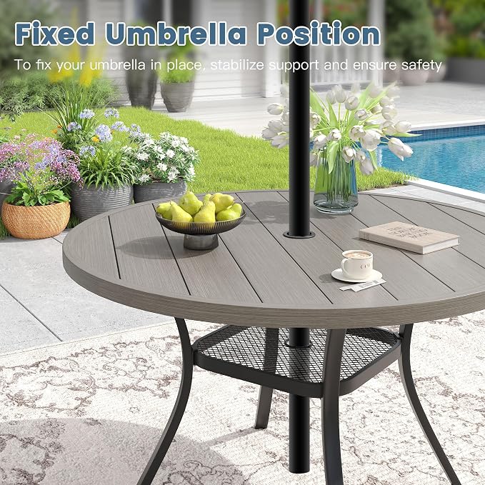 DIFY 5 Piece Outdoor Dining Set for 4, Outdoor Furniture Set of 4 Sandshell Textilene Swivel Patio Chairs, 47.2" Grey Wood-Like Round Metal Dining Table Set with Umbrella Hole for Garden Deck Backyard