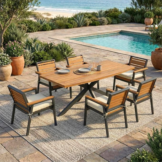 7-Piece Outdoor Patio Dining Set, All-Weather Rectangle Table and 6 Chairs with Dual-Layer Iron & Acacia Wood Seat Frame and Detachable Cushions for Backyard Garden Poolside (Beige-5.14)
