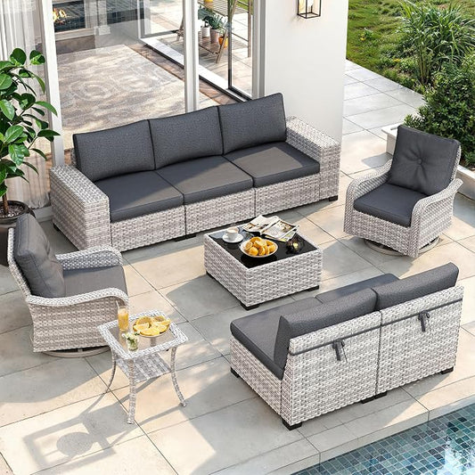 9 Piece Outdoor Patio Furniture Set with Swivel Chairs, 7-Seats Wicker Sectional Sofa Set with Thickened Cushions & Coffee Table for Garden, Backyard, Porch, Charcoal Gray