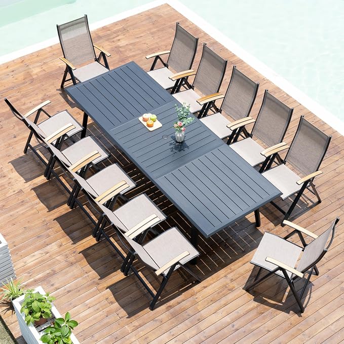 Pellebant 13 Pieces Aluminum Patio Table and Chairs Set - 118" Rectangular Table and Foldable Chairs Outdoor Dining Set with Umbrella Hole, Weather Resistant Sturdy Frame for Deck, Porch & Backyard