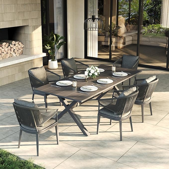 LayinSun 7 Piece Outdoor Dining Table Set, Aluminum Modern Rectangular Dining Table and All-Weather Wicker Chairs Set for Patio Deck Indoor Decor Kitchen
