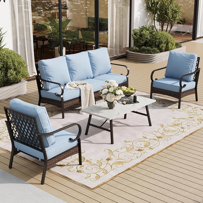 SUNSHINE VALLEY 5 Piece Metal Outdoor Patio Furniture Set, Patio Conversation Sets 1 3-Seater Sofa, 2 Chairs with 5.75" Extra Thick Cushion and Coffee Table, Black Frame Backyard Furniture, Blue