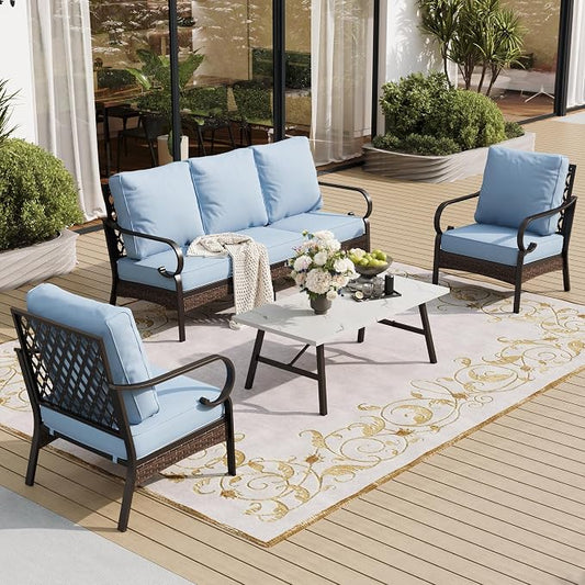 SUNSHINE VALLEY 5 Piece Metal Outdoor Patio Furniture Set, Patio Conversation Sets 1 3-Seater Sofa, 2 Chairs with 5.75" Extra Thick Cushion and Coffee Table, Black Frame Backyard Furniture, Blue