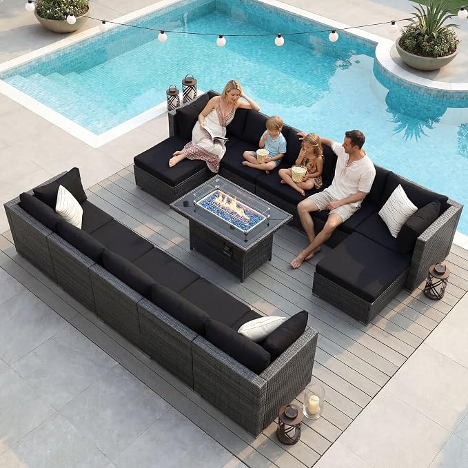 NICESOUL 13 Pcs Outdoor Sectional Set with Natural Gas/Propane Firepit Table, 29.3'' High-Back Patio Furniture Sofa Set, Oversized Rattan Couches for Backyard Garden Lawn, 2 Color Cushion Black & Gray