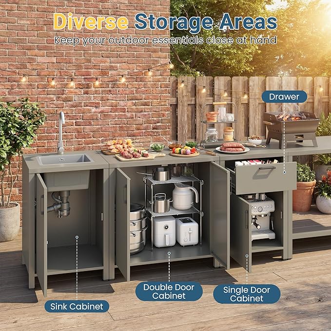 Wisteria Lane Outdoor Storage Cabinet with Stainless Steel Sink, Aluminum Modular Outdoor Kitchen, All Wheather Kitchen Island with Storage, Patio Bar Table for BBQ, Porch，Backyard