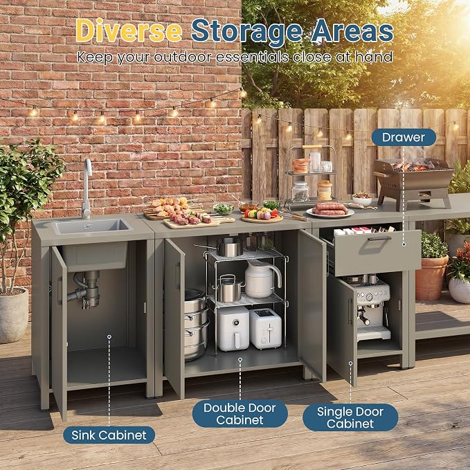 Wisteria Lane Outdoor Storage Cabinet with Stainless Steel Sink, Aluminum Modular Outdoor Kitchen, All Weather Kitchen Island with Sink Station for Patio, BBQ, Backyard