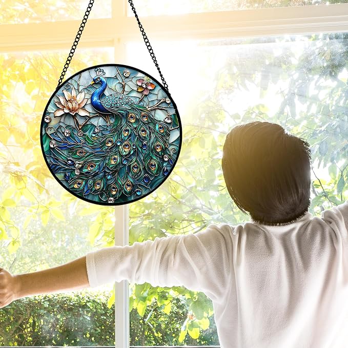 DASTOLL Stained Glass Window Hanging, Blue Peacock Decoration Suncatcher for Door Garden Home Flower Bird Sun Catchers Christmas Mother's Day Birthday Gifts for Women Men Mom Nana Friend 7.8 in