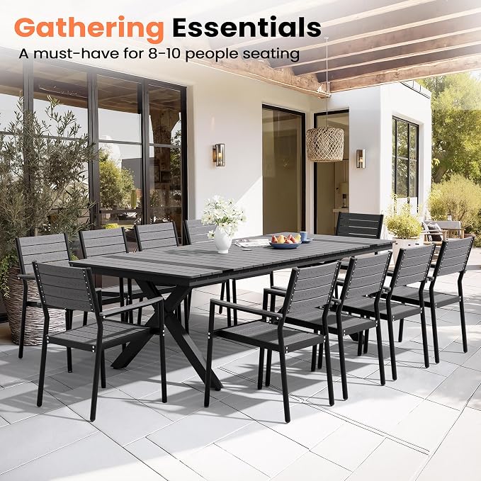 Pellebant 94" Outdoor Dining Table for 8-10, 8ft Aluminum Patio Table with Umbrella Hole, Weather Resistant Grey Wood Grain Tabletop and Sturdy Frame for Deck, Porch, Backyard